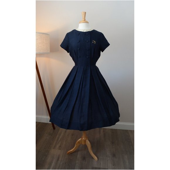 Vintage 1950s Navy A-Line Dress Midi 50s Silk S Sm - Picture 2 of 10